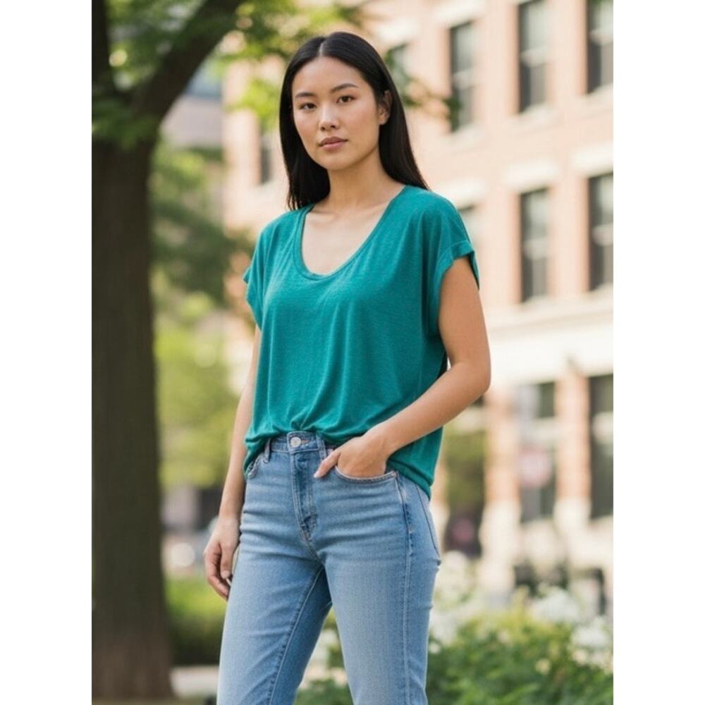 Three Dots Teal Cotton Scoop Neck Tee Top Size S NWT